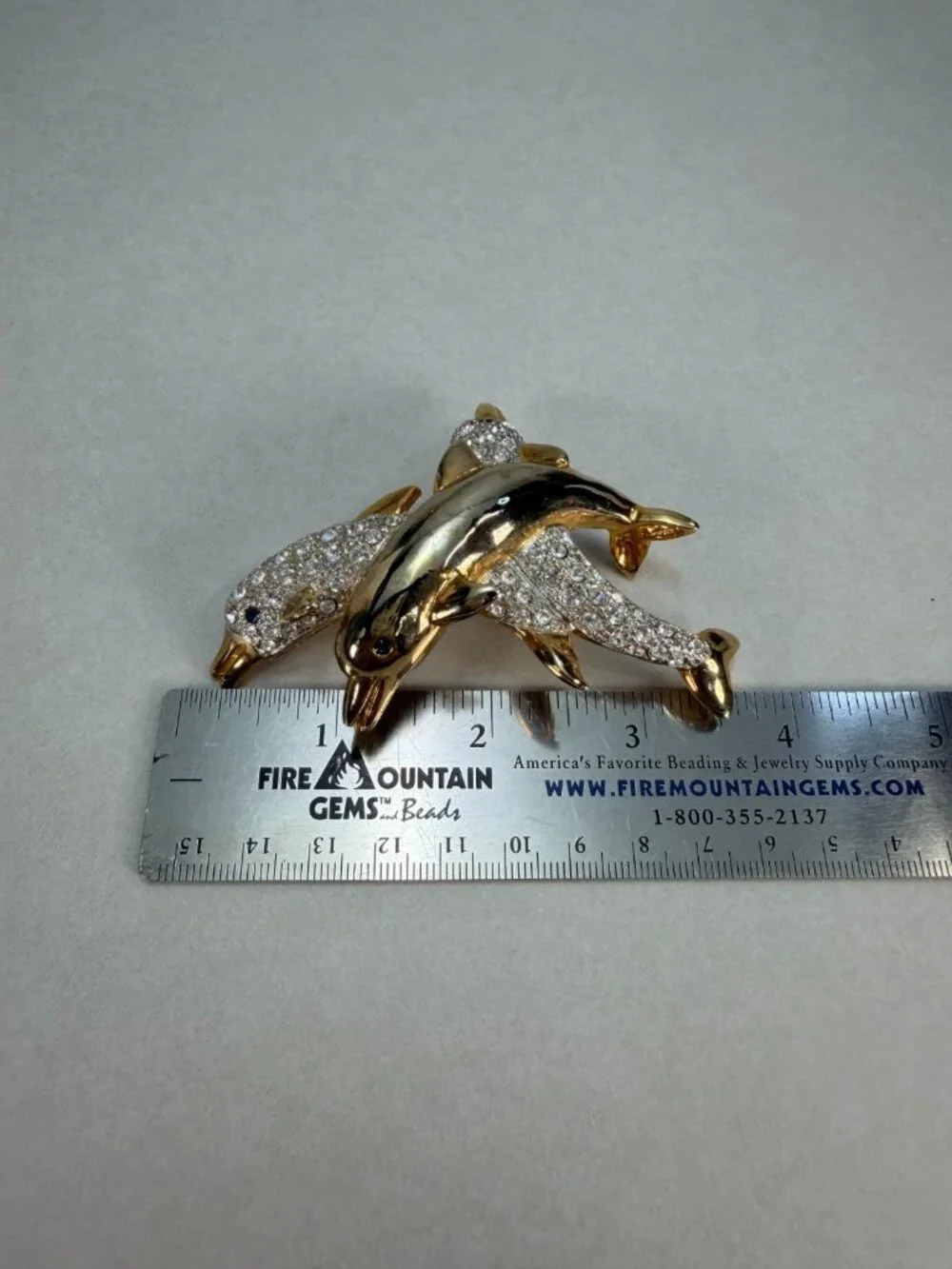 Vintage Dolphin Brooch Rhinestone Gold Tone Double Dolphin Ocean Figural Pin